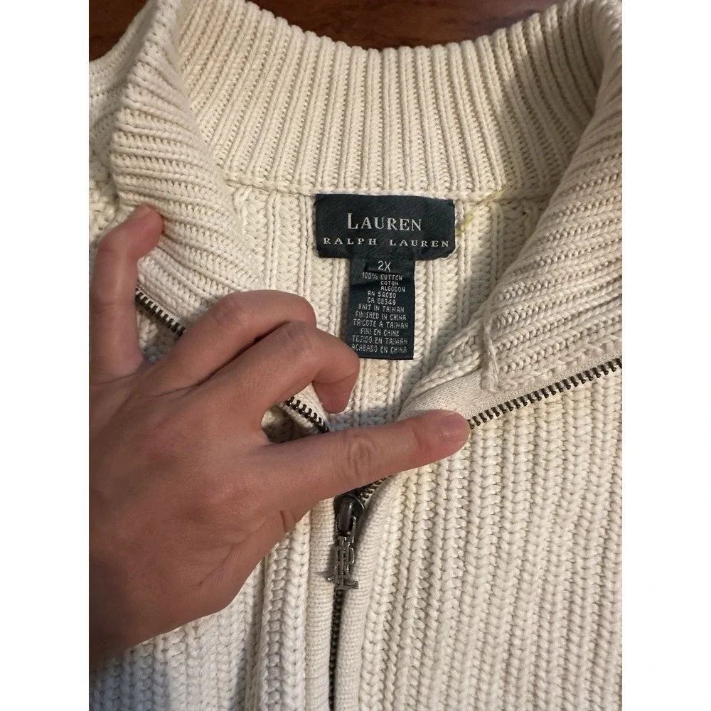 Lauren Ralph Lauren Sweater 2X Womens Chunky Knit 1/4 Zip Cream Cotton Unisex